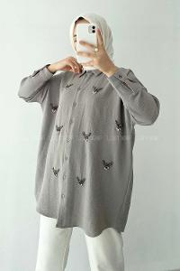 Modalamelif Önü Boydan Düğmeli Taş Modelli Gömlek Gri