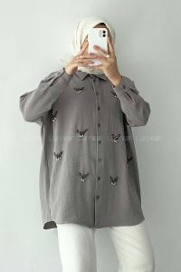 Modalamelif Önü Boydan Düğmeli Taş Modelli Gömlek Gri