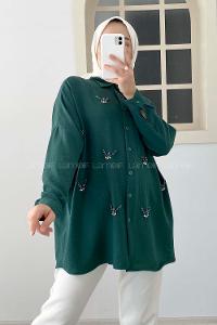 Modalamelif Önü Boydan Düğmeli Taş Modelli Gömlek Zümrüt
