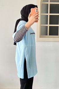 Modalamelif Önü Champion Nakışlı Bisiklet Yaka T-Shirt Açık Mavi