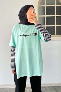 Modalamelif Önü Champion Nakışlı Bisiklet Yaka T-Shirt Mint