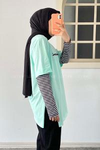 Modalamelif Önü Champion Nakışlı Bisiklet Yaka T-Shirt Mint