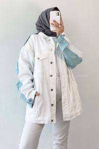 Modalamelif Önü Cıt Cıt Düğmeli Gizli Cepli Garnili Ceket Ekru-Mavi