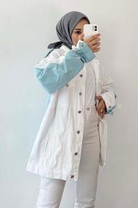 Modalamelif Önü Cıt Cıt Düğmeli Gizli Cepli Garnili Ceket Ekru-Mavi