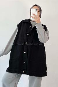 Modalamelif Önü Düğmeli Kapak Cep Aksesuarlı Kot Yelek Siyah