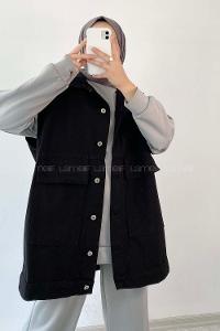 Modalamelif Önü Düğmeli Kapak Cep Aksesuarlı Kot Yelek Siyah