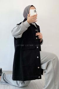 Modalamelif Önü Düğmeli Kapak Cep Aksesuarlı Kot Yelek Siyah