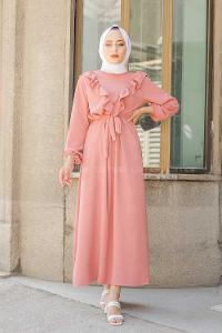 Modalamelif Önü Fırfırlı Kuşaklı Elbise Pudra