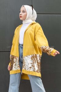 Modalamelif Önü Pul Payet Detaylı  Kapüşonlu Ceket Sarı