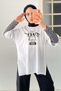 Modalamelif Park Yazılı Yanı Yırtmaçlı  T-Shirt Beyaz