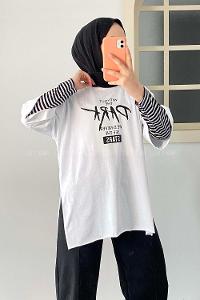 Modalamelif Park Yazılı Yanı Yırtmaçlı  T-Shirt Beyaz