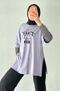 Modalamelif Park Yazılı Yanı Yırtmaçlı  T-Shirt Lila