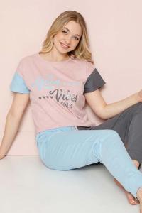 Modalamelif The Good Yazılı Garnili Şhort Pijama Takımı Turkuaz-Gri