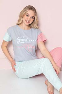 Modalamelif The Good Yazılı Garnili Şhort Pijama Takımı Turkuaz-Pudra