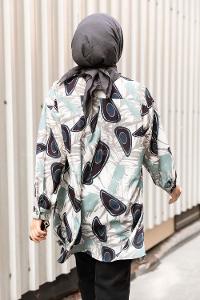 Modalamelif Yaprak Desen Baskılı Gömlek Çağla-Lacivert