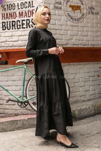 Modalamelif Önü Yarım Düğmeli  Elbise Siyah