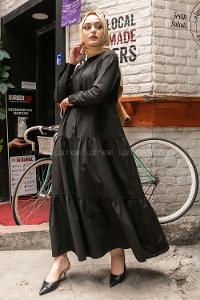 Modalamelif Önü Yarım Düğmeli  Elbise Siyah