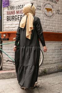 Modalamelif Önü Yarım Düğmeli  Elbise Siyah