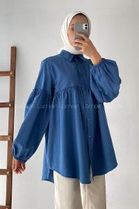 Modalamelif Balon Kol Önü Boydan Düğmeli Büzgülü Gömlek İndigo
