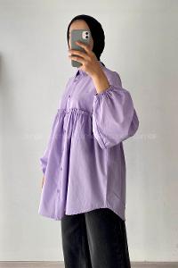 Modalamelif Balon Kol Önü Boydan Düğmeli Büzgülü Gömlek Lila