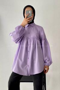 Modalamelif Balon Kol Önü Boydan Düğmeli Büzgülü Gömlek Lila