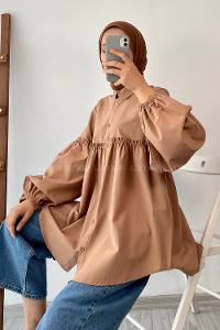 Modalamelif Balon Kol Önü Boydan Düğmeli Büzgülü Gömlek Sütlü Kahve