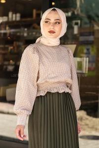 Modalamelif Bel Lastikli Pötikare Bluz Sütlü Kahve