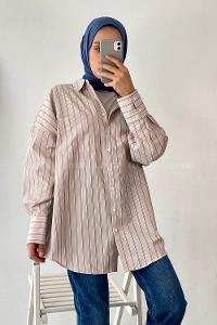 Modalamelif Çizgi Motifli Önü Tek Cep Detaylı Gömlek Taş