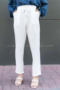 Modalamelif Duble Paça Beli Bağcık Detaylı Pantolon Beyaz