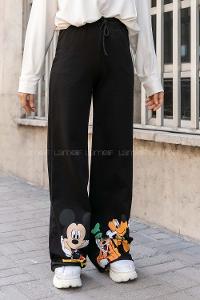 Modalamelif Karakter Baskılı Bol Paça Pantolon Siyah
