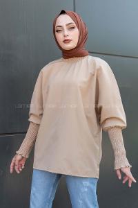 Modalamelif Kol ve Yaka Lastik Detaylı Bluz Sütlü Kahve