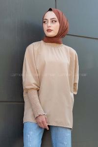 Modalamelif Kol ve Yaka Lastik Detaylı Bluz Sütlü Kahve