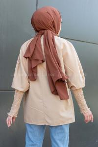 Modalamelif Kol ve Yaka Lastik Detaylı Bluz Sütlü Kahve