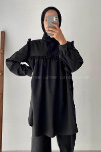 Modalamelif Önü Fırfırlı Gömlek Siyah