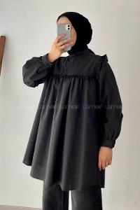 Modalamelif Önü Fırfırlı Gömlek Siyah