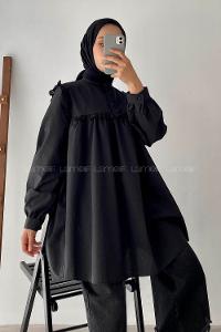 Modalamelif Önü Fırfırlı Gömlek Siyah
