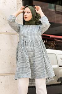 Modalamelif Pötikare Desenli Kolu Lastikli Gofre Tunik Çağla Yeşili