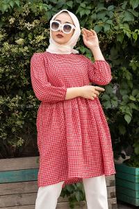 Modalamelif Pötikare Desenli Kolu Lastikli Gofre Tunik Kırmızı