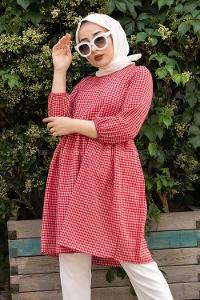 Modalamelif Pötikare Desenli Kolu Lastikli Gofre Tunik Kırmızı