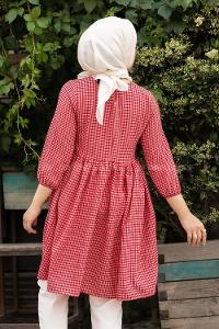 Modalamelif Pötikare Desenli Kolu Lastikli Gofre Tunik Kırmızı