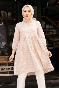 Modalamelif Pötikare Desenli Kolu Lastikli Gofre Tunik Sütlü Kahve