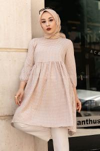 Modalamelif Pötikare Desenli Kolu Lastikli Gofre Tunik Sütlü Kahve