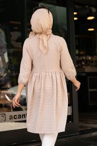 Modalamelif Pötikare Desenli Kolu Lastikli Gofre Tunik Sütlü Kahve