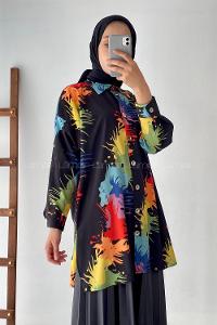 Modalamelif Renkli Püskürtme Desenli Önü Düğmeli Gömlek Siyah