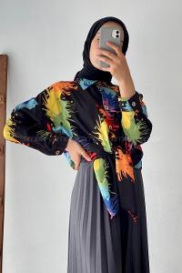 Modalamelif Renkli Püskürtme Desenli Önü Düğmeli Gömlek Siyah