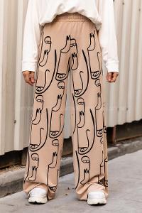 Modalamelif Yüz Baskılı  Detaylı Yan Cepli Bol Paça Pantolon Sütlü Kahve