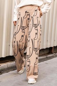 Modalamelif Yüz Baskılı  Detaylı Yan Cepli Bol Paça Pantolon Sütlü Kahve