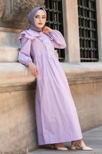 Modalamelif Kol Fırfırlı Pileli Elbise Lila