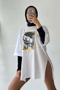 Modalamelif Been Talkıng Yazılı Baskılı Yanı Yırtmaçlı  T-Shirt Beyaz