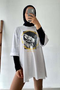 Modalamelif Been Talkıng Yazılı Baskılı Yanı Yırtmaçlı  T-Shirt Beyaz